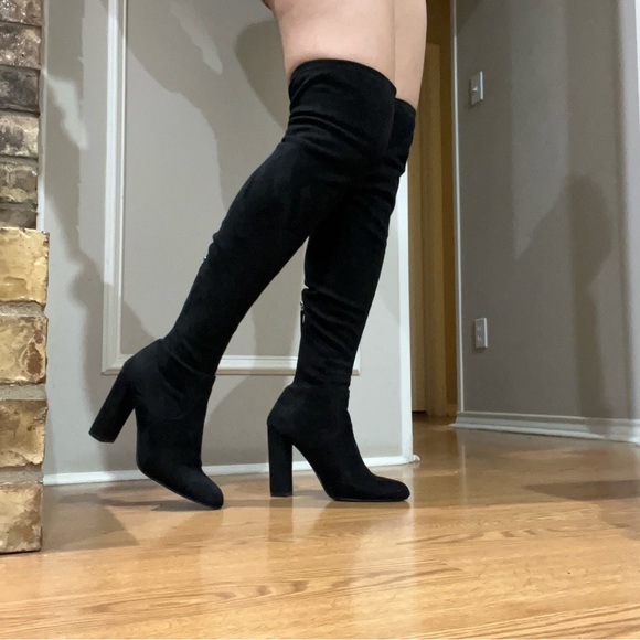 Steve Madden Emotions Black Suede Over-the-Knee Block Heel Boots - Picture 3 of 9